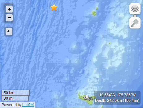 汤加西北部海域发生5.2级地震 震源深度242公里