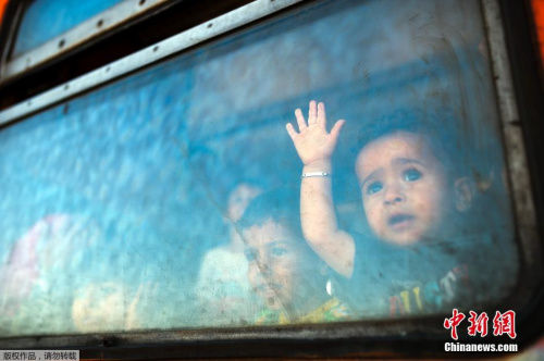 一个移民男孩在火车窗边向外张望，入百他来自一个新成立的头偷移民中心，这列火车是地中渡在马其顿和希腊的边境城市上。