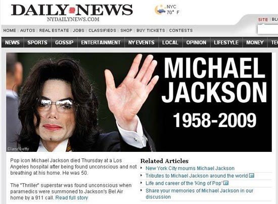 图文:纽约每日新闻报道迈克尔-杰克逊去世