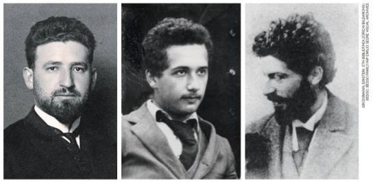 塞尔・格罗斯曼（左 ）与米歇尔・贝索（右），爱因斯坦（中）的大学好友，两人均为广义相对论做出重要贡献。