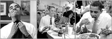 (From left): A February 2008 file photo shows then presidential hopeful Barack Obama as he puts on a napkin before eating at Dooky Chase's restaurant in New Orleans. Obama and his wife Michelle are seen eating breakfast at Pamela's diner in Pittsburgh in this April 2008 file photo. Obama takes a bite of his meal at Luis's Taqueria in Woodburn in this May 2008 file photo. [Agencies]