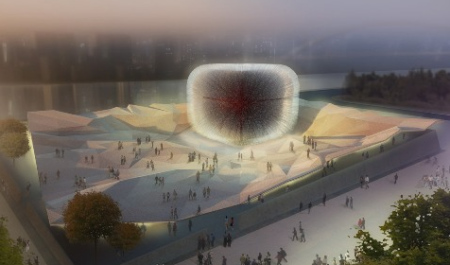 An artist's rendition of the UK Pavilion (night-time) 