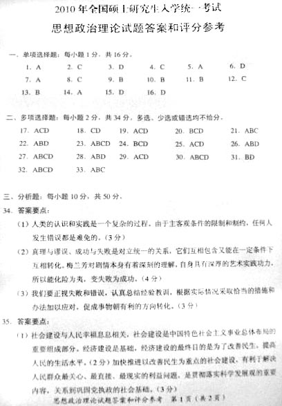 2010年全国研究生入学考试政治试题标准答案