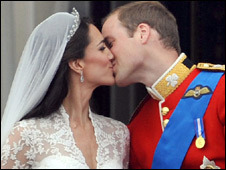 Prince William and Catherine kissing on their wedding day