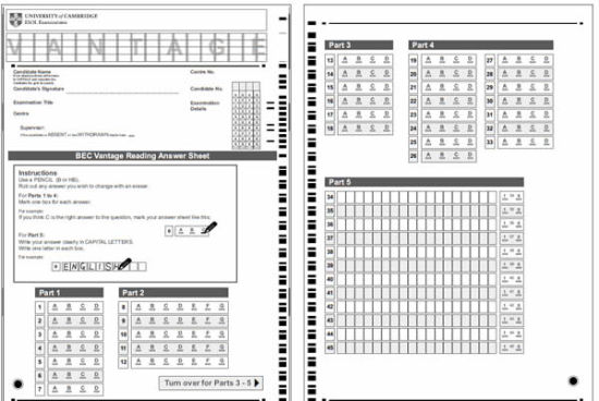 2013BEC备考答疑:答题卡样张及填写规范