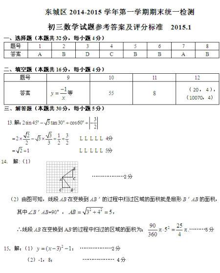 2015北京东城初三期末数学试题答案解析