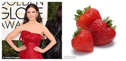 7.Catherine Zeta-Jones (left) is an advocate of using her own home-grown beauty treatments and uses strawberries (right) to keep her teeth white. ɪա-˹ʹݲƷòݮݡ