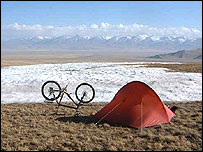 Pete Jones's camp and bike in the Tianshan mountains