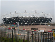 A map of The London 201Olympics site (foreground) with swimming pool in the distance