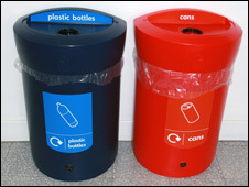 Two bins for recycling plastic bottles and cans