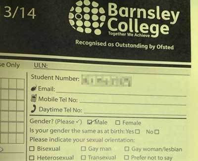 Form: The registration paperwork for Barnsley College includes tick boxes for students to indicate their sexual orientation, just below a question asking whether the applicant was the same gender now as at birth