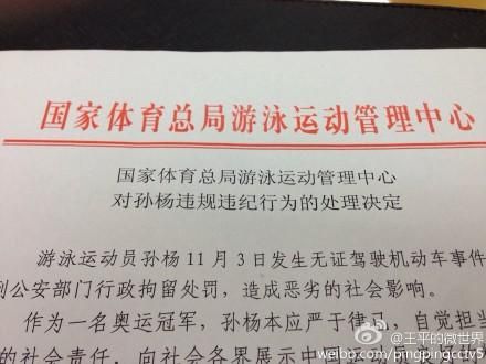 中国游泳队暂时取消孙杨队员资格(图)
