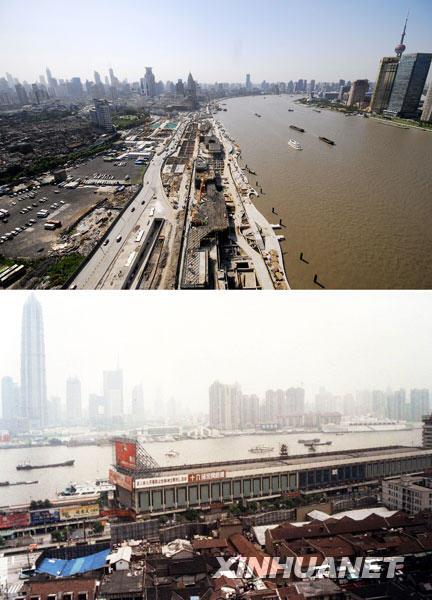这张拼图显示的是2009年6月25日拍摄的正在改造建设的上海十六铺码头（上图）和2003年拍摄的上海十六铺码头（下图）。 
