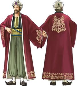 土耳其长袍配以阿拉伯靴子和镶宝石的包头巾
