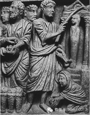 430年前后，罗马圣萨比那教堂门上的石刻，耶稣用魔杖复活拿撒勒。