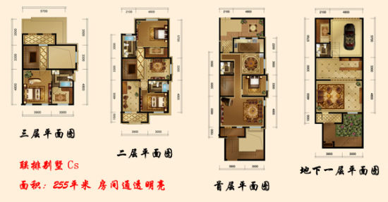 联排别墅均价11000-12000元/平米,主推户型面积区间约180-255平方米