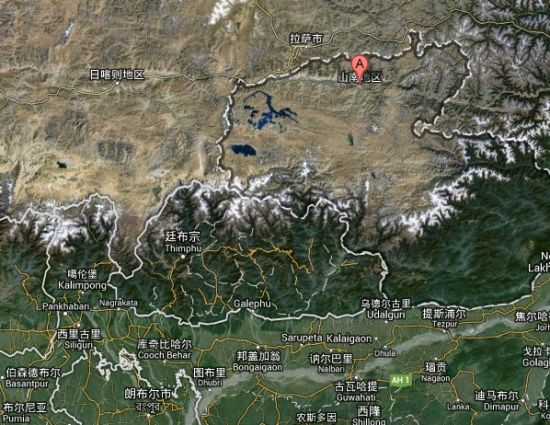 红点标示处为西藏山南地区,西南与印度及不丹接壤