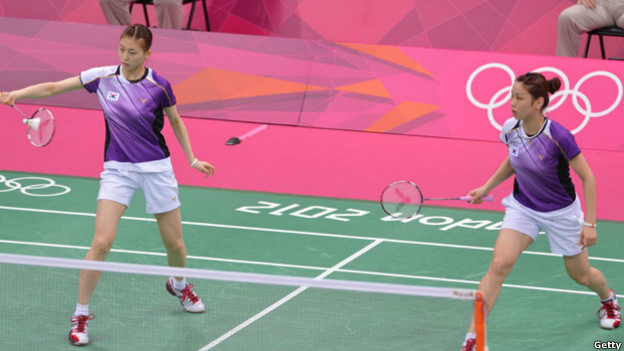 South Korea's Kim Ha Na and Jung Kyung Eun playing in the women's double badminton match