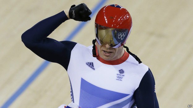 British cyclist Sir Chris Hoy celebrates winning the London 2012 track sprint event