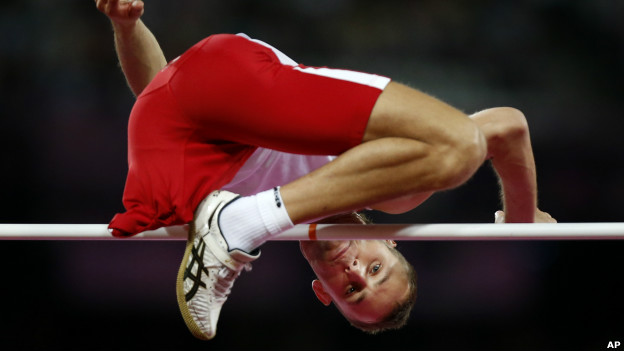 Bronze medallist Lukasz Mamczarz competes in the men's high jump F42 classification.