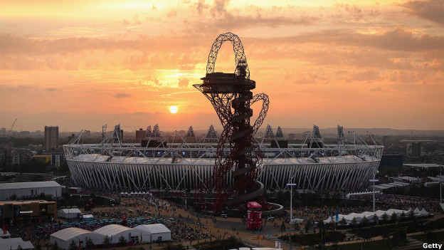 The sun sets over the Olympic park for the final time during London 2012.