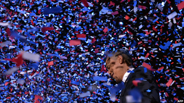 Barack Obama celebrates his victory in the US presidential election. 