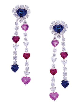 铂金心形红宝石、蓝色及粉红宝石配白色钻石瀑布耳环.