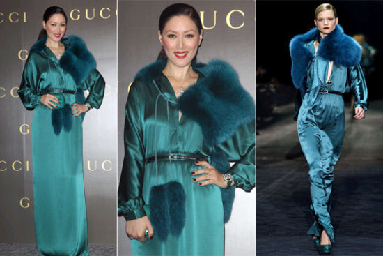 琦琦搭配GUCCI 2011秋冬礼服附加了皮草披肩的装饰