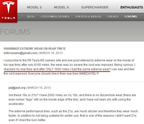 Tesla官网论坛上关于后轮异常偏磨的“警告”帖子