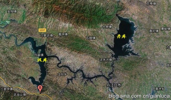 丹江口水库丹库与汉库的方位(图片截自google-earth)