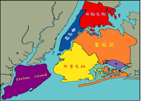 它由五个区组成,分别是布朗克斯区(the bronx,布鲁克林区(brooklyn)