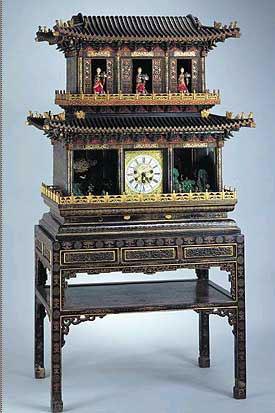 彩漆描金樓閣式自開門群仙祝壽御制鐘為故宮鐘表的代表作