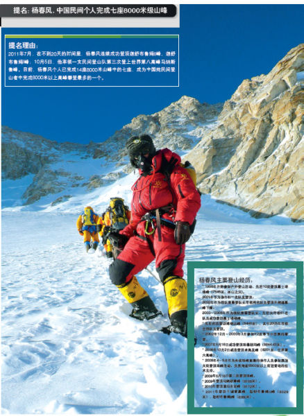 杨春风，中国民间个人完成七座8000米级山峰。