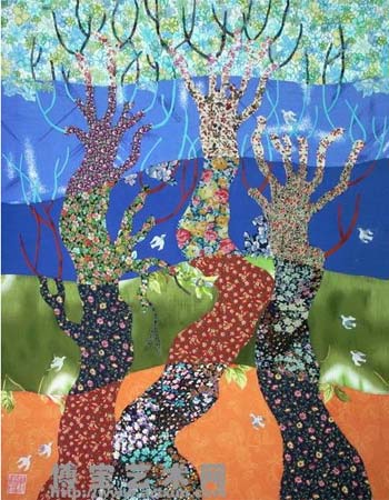 布画创作利用的是各色花布本身所具有的色相,纯度,明度及纹理图案作为