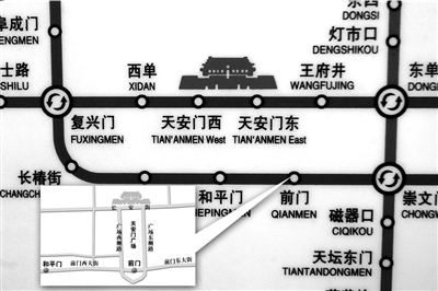 制图/杨立场本应在天安门正下方的前门"跑"到了天安门东南边,图中小