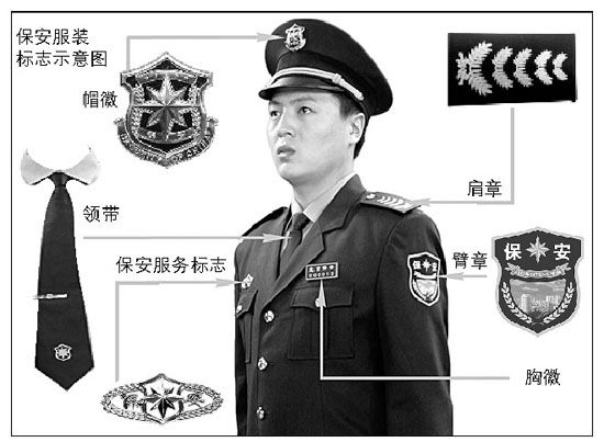 通过服装臂章上的中英文字,胸徽上的保安公司名称和编号以及肩章图案