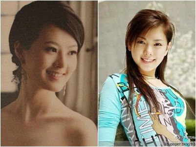 林志颖妹妹林志忆(图左)身穿婚纱,露香肩并将头发