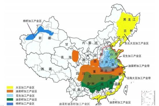 中国油料加工分布区域图。