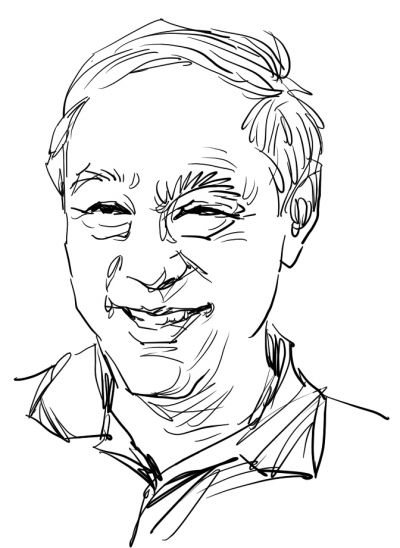 素描郭红松绘因信念 锲而不舍与人交流时,他始终面带微笑,像邻家老人