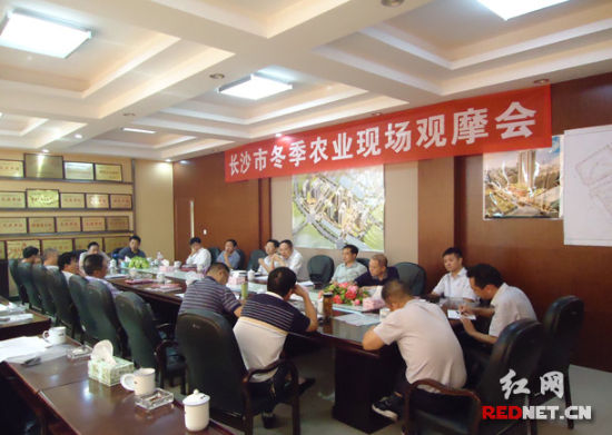 (浏阳市洞阳镇党委书记吴世平[左]在向长沙市农业局局长吴石平[右]