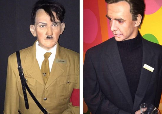 左图为希特勒蜡像,然而希特勒本人其实会一丝不苟地将头发中分;右图为