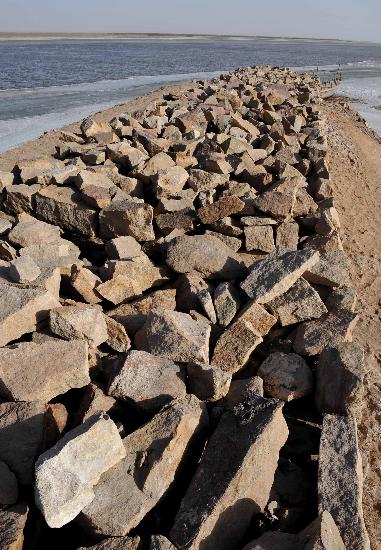 图文:宁夏段平罗县境内筑起的防洪堤坝