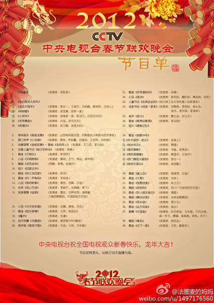 2012年央视龙年春晚正版节目单