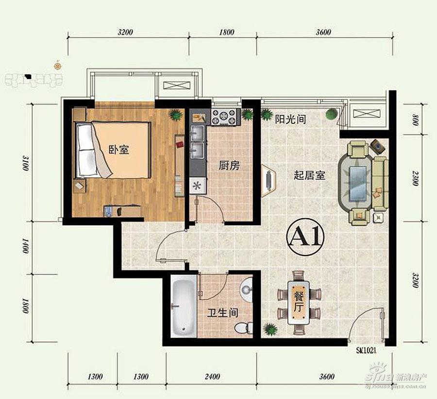 公园新区 户型展示 a1户型一室两厅一卫