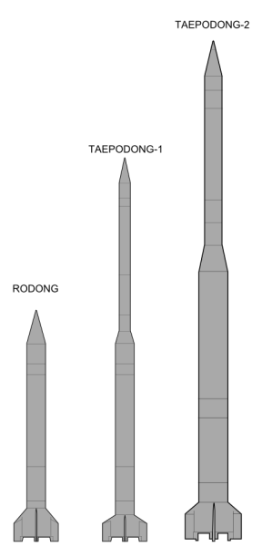 资料图:朝鲜的弹道导弹示意图,左起为劳动,大浦洞1型,大浦洞2型.