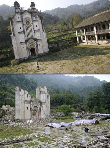 四川彭州白鹿教堂地震前后对比图片.