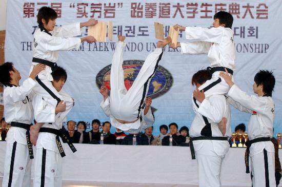 图文-第三届跆拳道大学生庆典大会 空中转身踢断木板