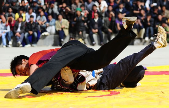 当日,兼具力量与技巧的彝族式摔跤比赛在四川省昭觉县举行
